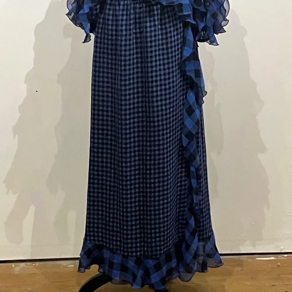 Tularosa blue and black, long sleeve gingham wrapped dress - Picture 4 of 10